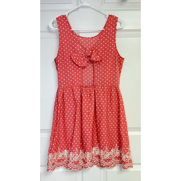 Pink Owl Womens Coral Polka Dot Sleeveless Pullover Tank Dress Size M Bow Back - Picture 2 of 8